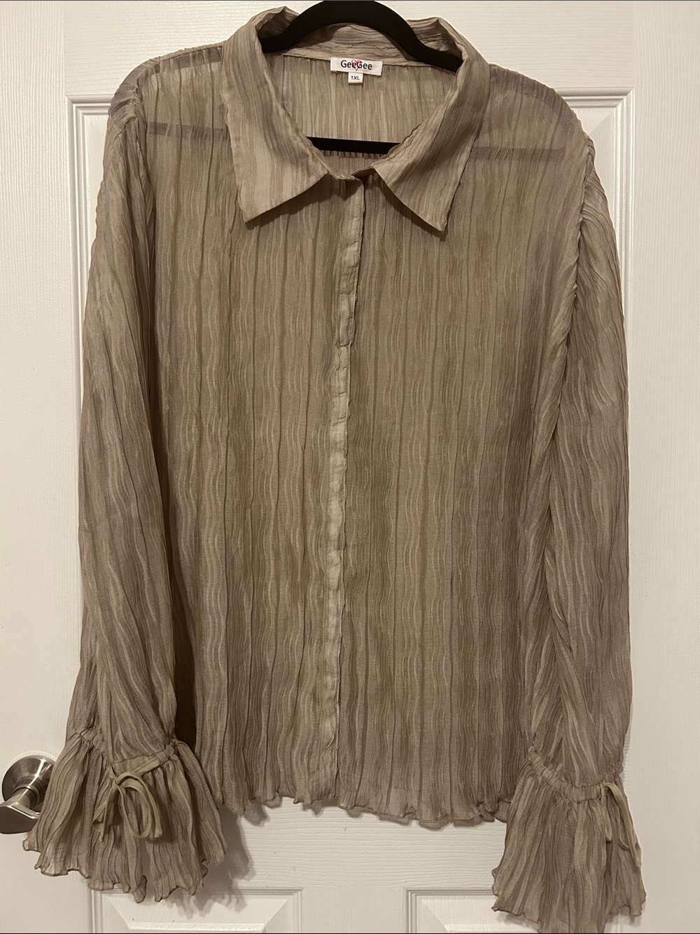 GeeGee Taupe Crinkle Button-Down Blouse